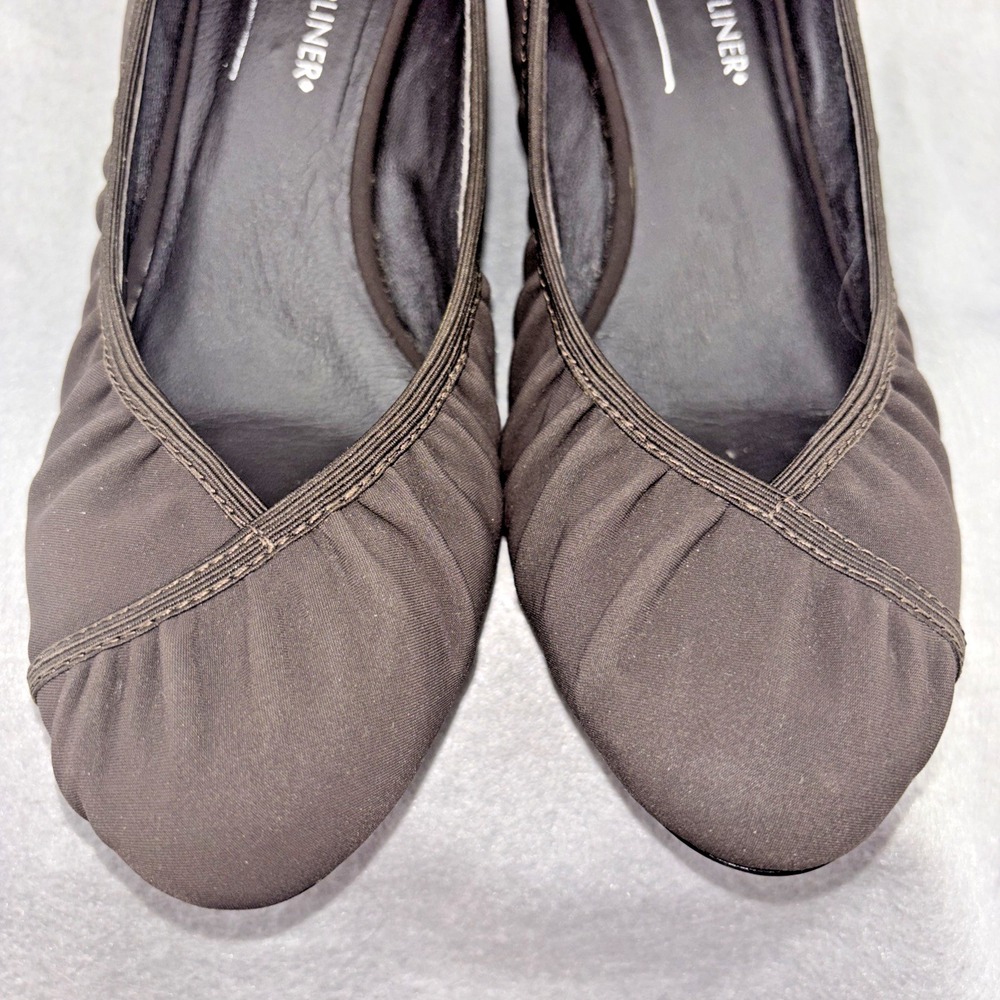 Donald J Pliner YESS Brown Stretchy Ruched Wedge Heal Shoes Women's 8.5 EUC - Picture 7 of 16